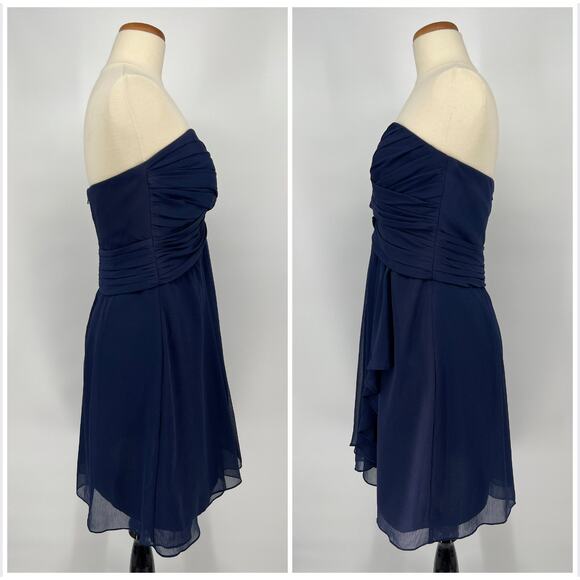 David’s Bridal Marine Navy Blue Dress 10 Strapless Crepe Chiffon Ruched Cascade - Picture 2 of 12